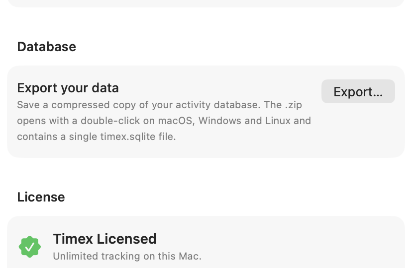 Settings page showing Database section with Export button